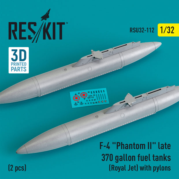 McDonnell Douglas F-4 Phantom II late 370 Gallon Fuel Tanks (Royal Jet) with Pylons (2 pcs) (3D Printed) Scale 1:32 ResKit RSU32-0112 for Aircraft Model Kit