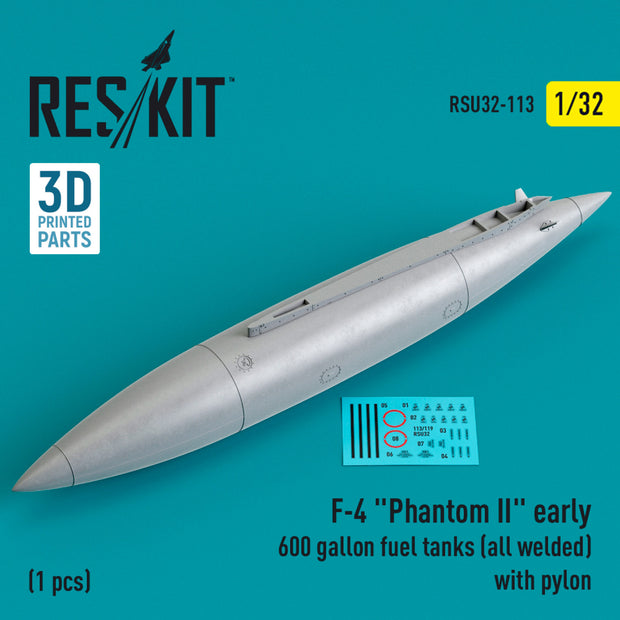 McDonnell Douglas F-4 Phantom II early 600 Gallon Fuel Tanks (all welded) with Pylon (1 pcs) (3D Printed) Scale 1:32 ResKit RSU32-0113 for Aircraft Model Kit