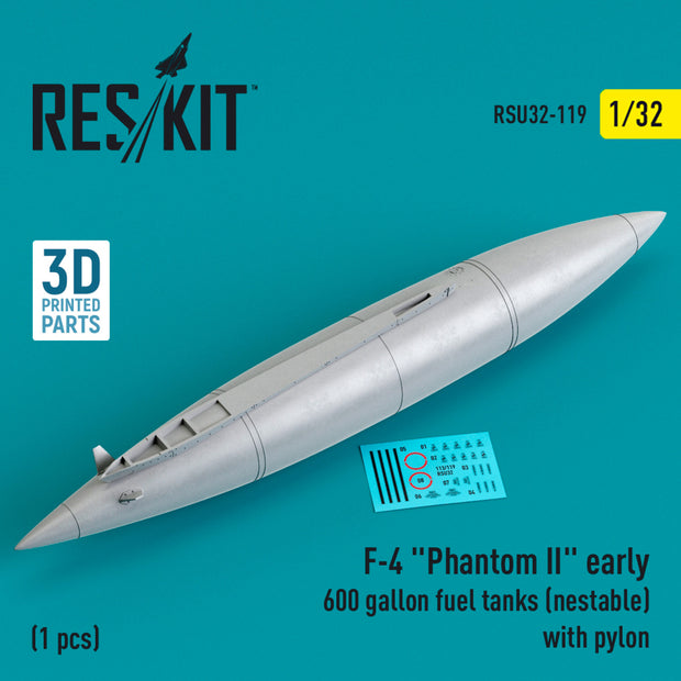 McDonnell Douglas F-4 Phantom II early 600 Gallon Fuel Tanks (nestable) with Pylon (1 pcs) (3D Printed) Scale 1:32 ResKit RSU32-0119 for Aircraft Model Kit