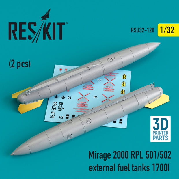 Dassault Mirage 2000 RPL 501/502 External Fuel Tanks 1700lt (2 pcs) (3D Printing) Scale 1:32 ResKit RSU32-0120 for Aircraft Model Kit