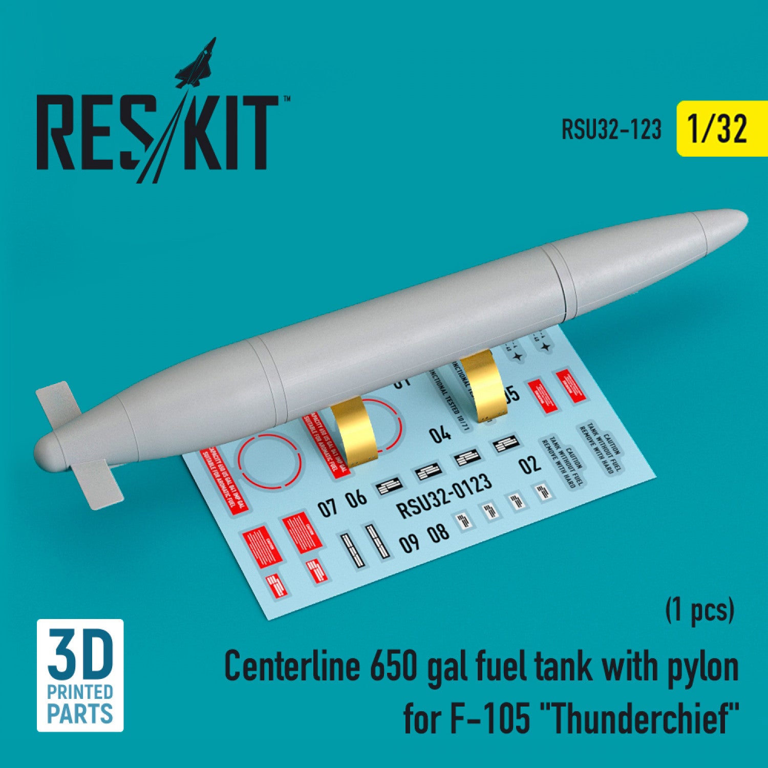 Centerline 650 gal Fuel Tank with Pylons for Republic F-105 Thunderchief (1 pcs) (3D Printed) Scale 1:32 ResKit RSU32-0123 for Aircraft Model Kit