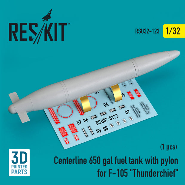 Centerline 650 gal Fuel Tank with Pylons for Republic F-105 Thunderchief (1 pcs) (3D Printed) Scale 1:32 ResKit RSU32-0123 for Aircraft Model Kit