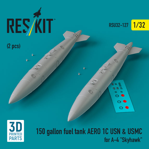 150 Gallon Fuel Tank AERO 1C USN & USMC for Douglas A-4 Skyhawk (2 pcs) (3D Printed) Scale 1:32 ResKit RSU32-0127 for Aircraft Model Kit