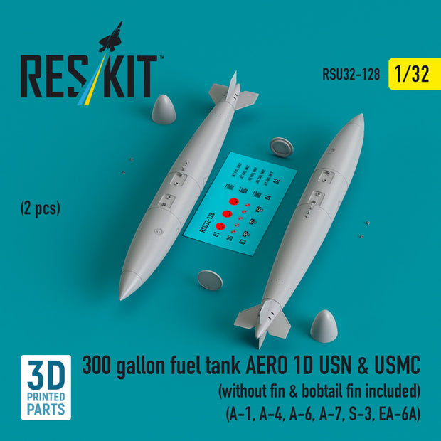 300 Gallon Fuel Tank AERO 1D USN & USMC (2 pcs) (without fin & bobtail fin included) (A-1, A-4, A-6, A-7, S-3, EA-6A) (3D Printed) Scale 1:32 ResKit RSU32-0128 for Aircraft Model Kit