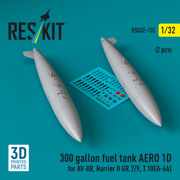 300 Gallon Fuel Tank AERO 1D for AV-8B, Harrier II GR,7/9, T,10 (2 pcs) (3D Printed) Scale 1:32 ResKit RSU32-0135 for Aircraft Model Kit
