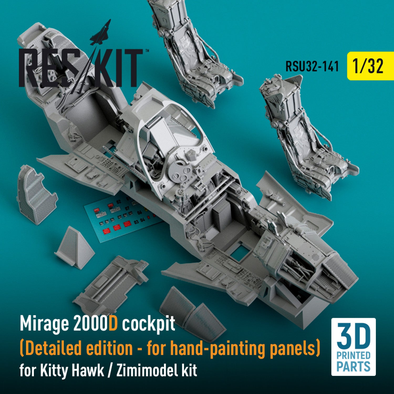 Dassault Mirage 2000D Cockpit (Detailed edition) for Kitty Hawk / Zimimodel kit (3D Printed) Scale 1:32 ResKit RSU32-0141 for Aircraft Model Kit