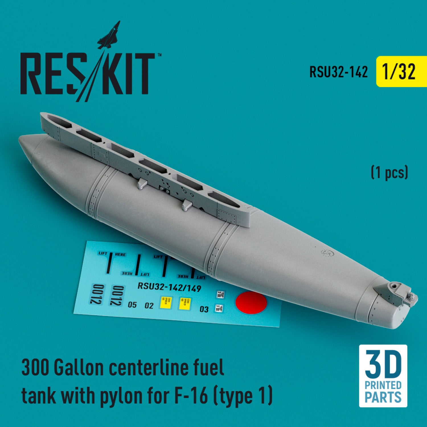 300 Gallon centerline Fuel Tank with Pylon for General Dynamics F-16 (type 1) (1 pcs) (3D Printed) Scale 1:32 ResKit RSU32-0142 for Aircraft Model Kit