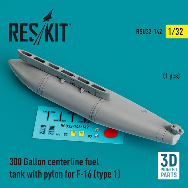 300 Gallon centerline Fuel Tank with Pylon for General Dynamics F-16 (type 1) (1 pcs) (3D Printed) Scale 1:32 ResKit RSU32-0142 for Aircraft Model Kit