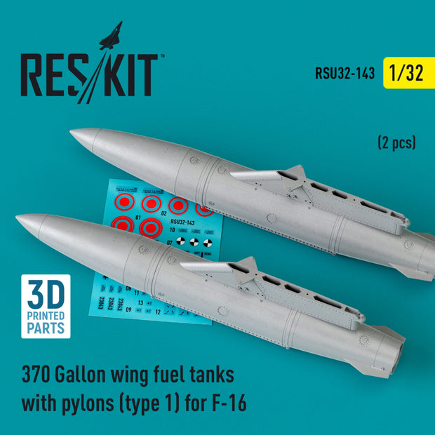 370 Gallon wing Fuel Tanks with Pylons (type 1) for General Dynamics F-16 (2 pcs) (3D Printed) Scale 1:32 ResKit RSU32-0143 for Aircraft Model Kit