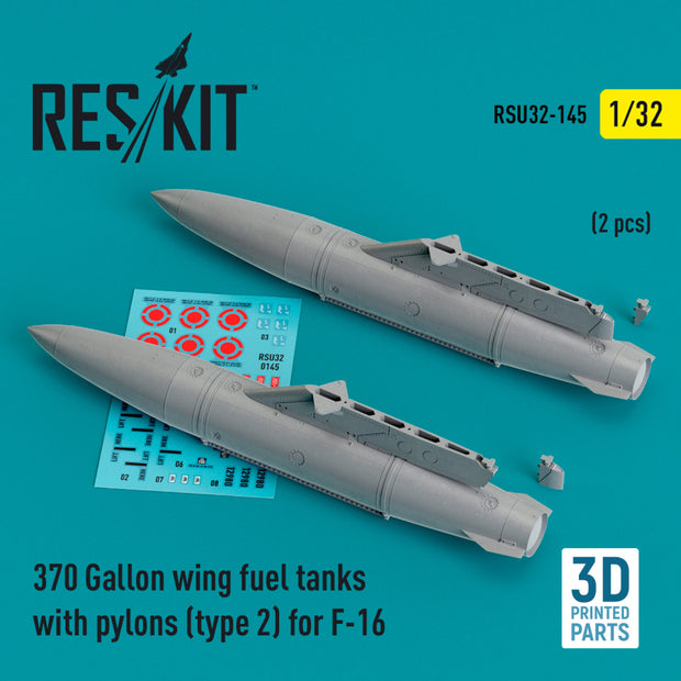 370 Gallon wing Fuel Tanks with Pylons (type 2) for General Dynamics F-16 (2 pcs) (3D Printed) Scale 1:32 ResKit RSU32-0145 for Aircraft Model Kit