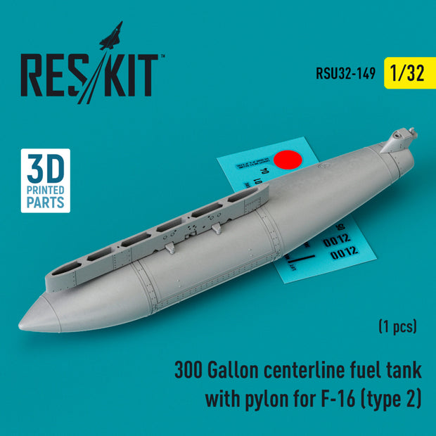 300 Gallon centerline Fuel Tank with Pylon for General Dynamics F-16 (type 2) (1 pcs) (3D Printed) Scale 1:32 ResKit RSU32-0149 for Aircraft Model Kit