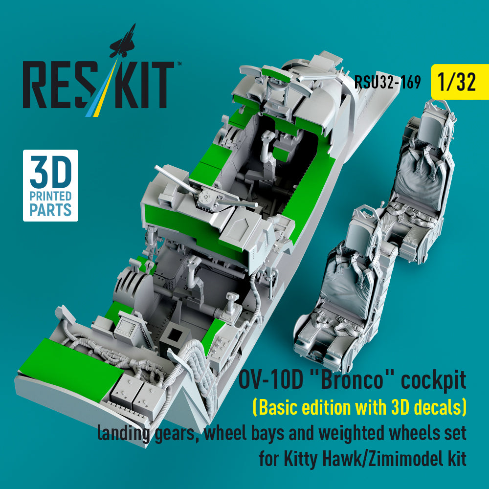 North American OV-10D Bronco Cockpit (Basic edition with 3D Decals) Landing Gears, Wheel Bays and weighted Wheels set for Kitty Hawk/Zimimodel kit (3D Printed) Scale 1:32 ResKit RSU32-0169 for Aircraft Model Kit