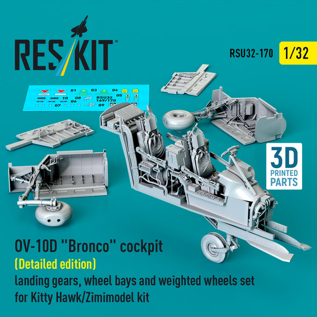 North American OV-10D Bronco Cockpit (Detailed edition) Landing Gears, Wheel Bays and weighted Wheels set for Kitty Hawk/Zimimodel kit (3D Printed) Scale 1:32 ResKit RSU32-0170 for Aircraft Model Kit