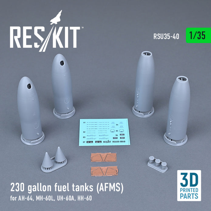 230 Gallon Fuel Tanks (AFMS) for AH-64, MH-60L, UH-60A, HH-60 (2 pcs) (3D printing) Scale 1:35 ResKit RSU35-0040 for Helicopters Model Kit