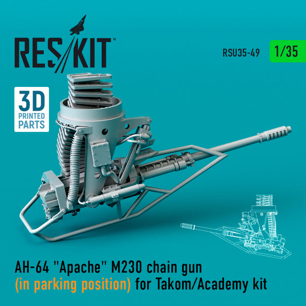 AH-64 Apache M230 Chain Gun (in parking position) for Takom/Academy kit (3D printing) Scale 1:35 ResKit RSU35-0049 for Helicopters Model Kit
