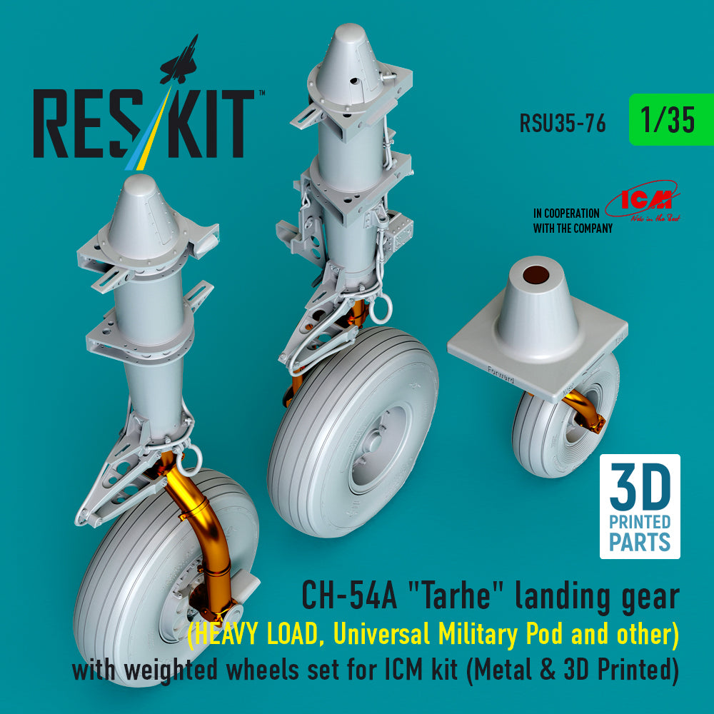 CH-54A Tarhe landing gear (HEAVY LOAD, Universal Military Pod and other) with weighted wheels set for ICM kit (Metal & 3D Printed) Scale 1:35 ResKit RSU35-0076