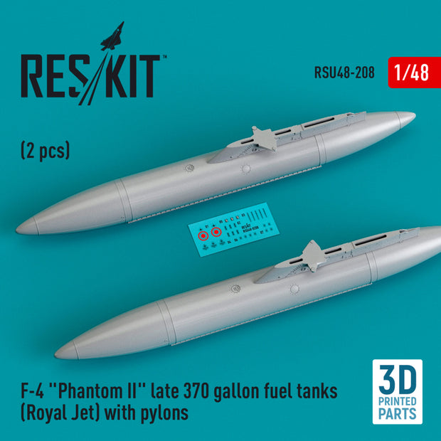 McDonnell Douglas F-4 Phantom II late 370 Gallon Fuel Tanks (Royal Jet) with Pylons (2 pcs) (3D Printed) Scale 1:48 ResKit RSU48-0208 for Aircraft Model Kit