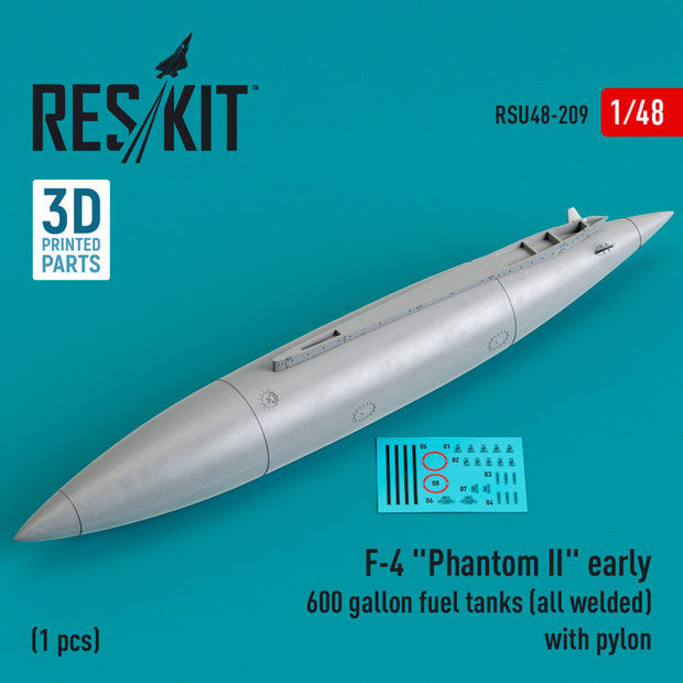 McDonnell Douglas F-4 Phantom II early 600 Gallon Fuel Tanks (all welded) with Pylon (1 pcs) (3D Printed) Scale 1:48 ResKit RSU48-0209 for Aircraft Model Kit