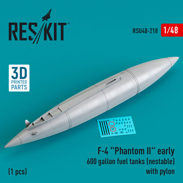 McDonnell Douglas F-4 Phantom II early 600 Gallon Fuel Tanks (nestable) with Pylon (1 pcs) (3D Printed) Scale 1:48 ResKit RSU48-0218 for Aircraft Model Kit