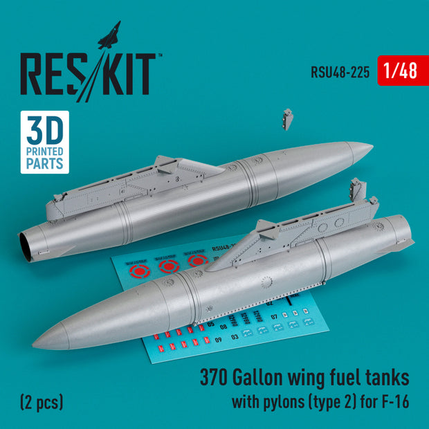 370 Gallon wing Fuel Tanks with Pylons (type 2) for General Dynamics F-16 (2 pcs) (3D Printed) Scale 1:48 ResKit RSU48-0225 for Aircraft Model Kit
