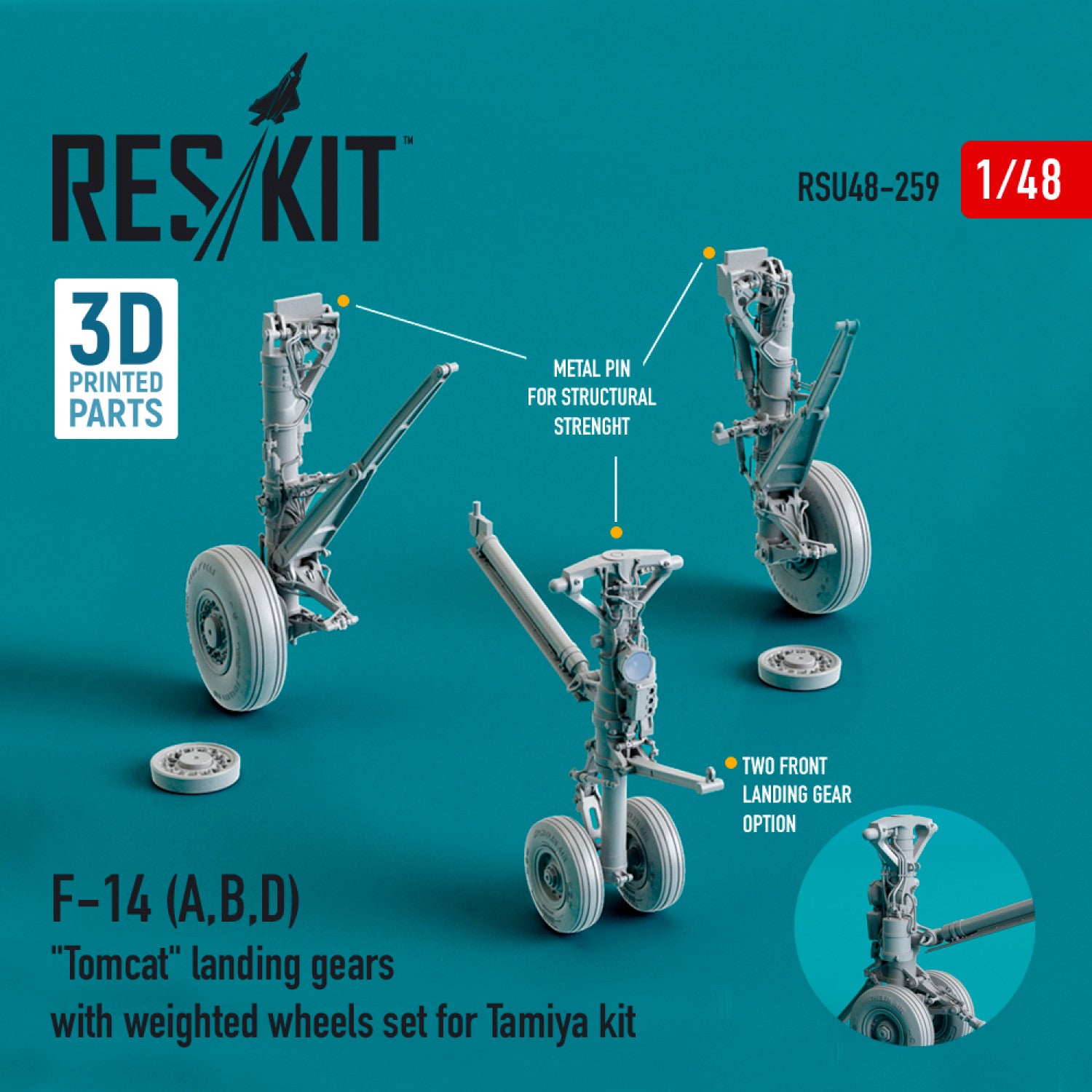 Grumman F-14 (A,B,D) Tomcat Landing Gears with weighted Wheels set for Tamiya kit (Resin & 3D Printing) Scale 1:48 ResKit RSU48-0259 for Aircraft Model Kit