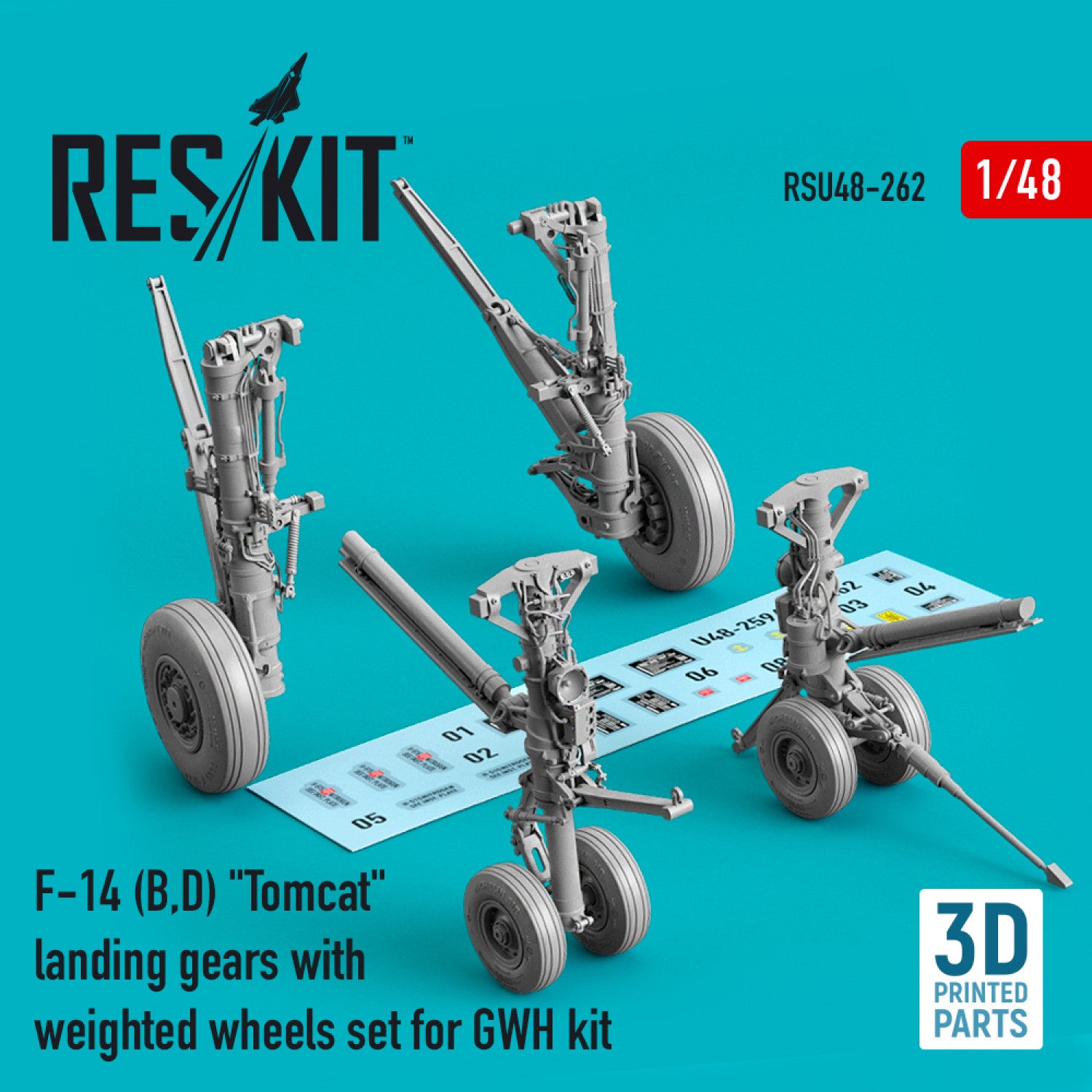 Grumman F-14 (B,D) Tomcat Landing Gears with weighted Wheels set for GWH kit (Resin & 3D Printed) Scale 1:48 ResKit RSU48-0262 for Aircraft Model Kit