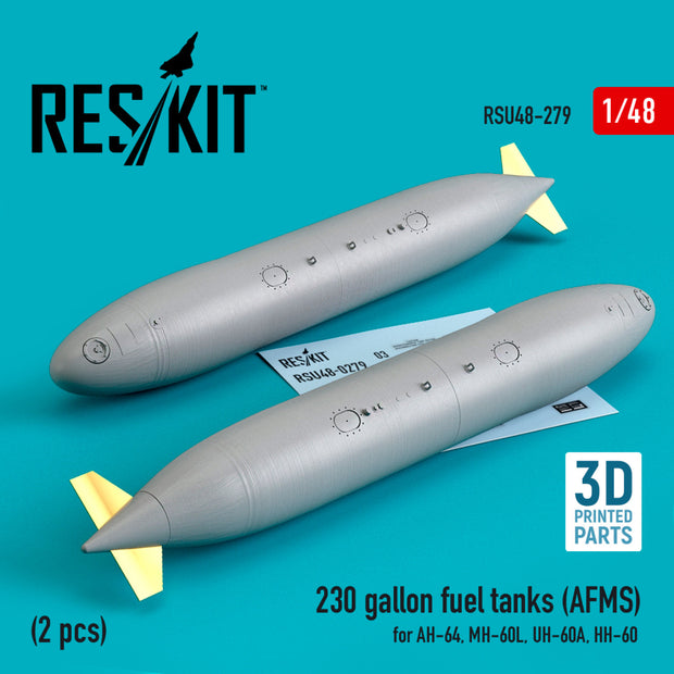 230 Gallon Fuel Tanks (AFMS) for AH-64, MH-60L, UH-60A, HH-60 (2 pcs) (3D Printed) Scale 1:48 ResKit RSU48-0279 for Helicopters Model Kit