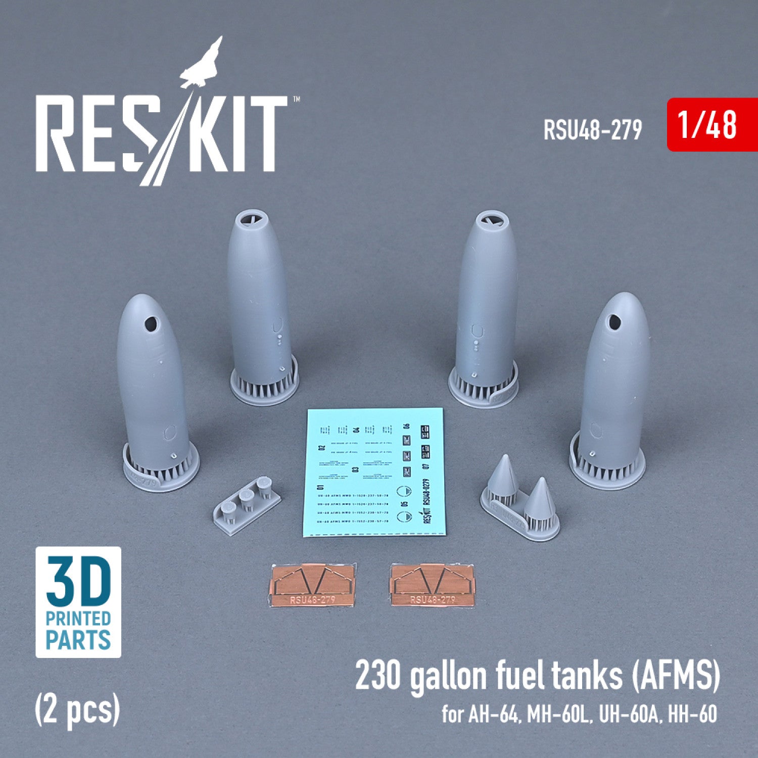 230 Gallon Fuel Tanks (AFMS) for AH-64, MH-60L, UH-60A, HH-60 (2 pcs) (3D Printed) Scale 1:48 ResKit RSU48-0279 for Helicopters Model Kit