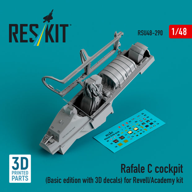 Dassault Rafale C Cockpit (Basic edition with 3D Decals) for Revell/Academy kit (3D printed) Scale 1:48 ResKit RSU48-0290 for Aircraft Model Kit