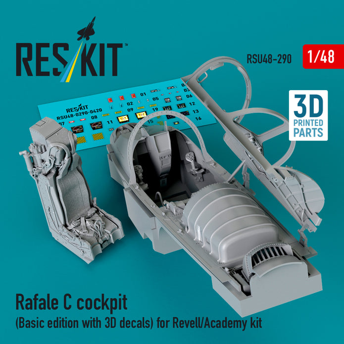 Dassault Rafale C Cockpit (Basic edition with 3D Decals) for Revell/Academy kit (3D printed) Scale 1:48 ResKit RSU48-0290 for Aircraft Model Kit