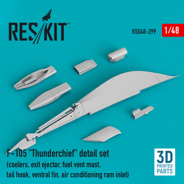 Republic F-105 Thunderchief detail set (coolers, exit ejector, fuel vent mast, tail hook,ventral fin, air conditioning ram inlet) (3D Printed) Scale 1:48 ResKit RSU48-0299 for Aircraft Model Kit