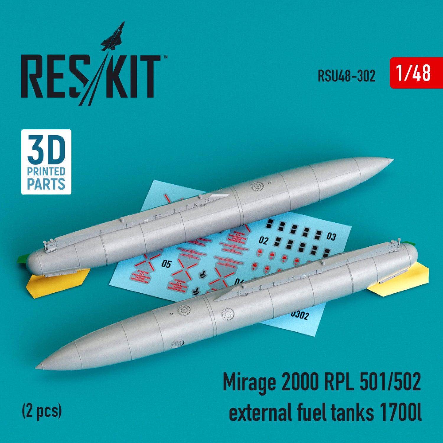 Dassault Mirage 2000 RPL 501/502 External Fuel Tanks 1700lt (2 pcs) (3D Printing) Scale 1:48 ResKit RSU48-0302 for Aircraft Model Kit