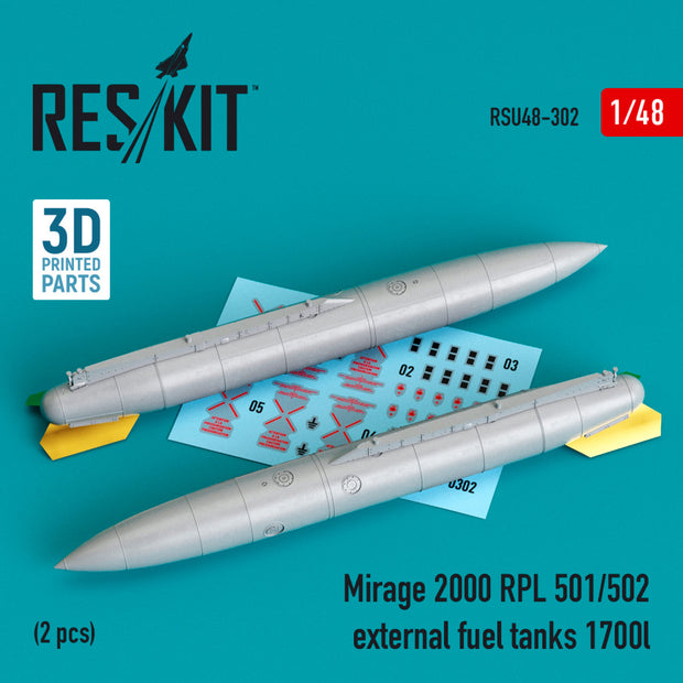 Dassault Mirage 2000 RPL 501/502 External Fuel Tanks 1700lt (2 pcs) (3D Printing) Scale 1:48 ResKit RSU48-0302 for Aircraft Model Kit