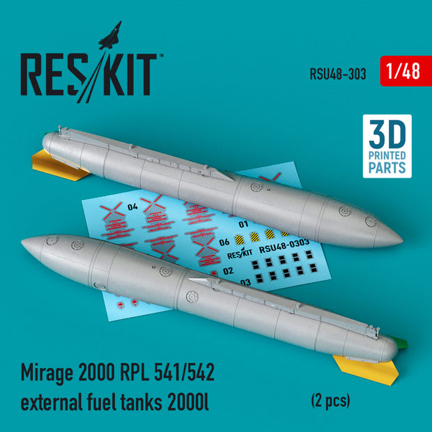 Dassault Mirage 2000 RPL 541/542 External Fuel Tanks 2000lt (2 pcs) (3D Printing) Scale 1:48 ResKit RSU48-0303 for Aircraft Model Kit