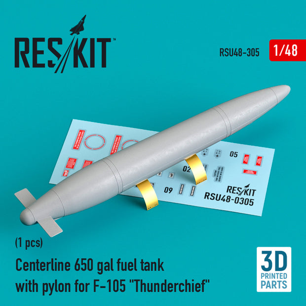 Centerline 650 gal Fuel Tank with Pylons for Republic F-105 Thunderchief (1 pcs) (3D Printed) Scale 1:48 ResKit RSU48-0305 for Aircraft Model Kit