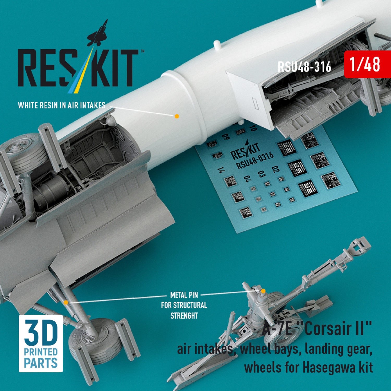 LTV A-7E Corsair II Air Intakes, Wheel Bays, Landing Gears, Wheels for Hasegawa kit (3D Printed) Scale 1:48 ResKit RSU48-0316