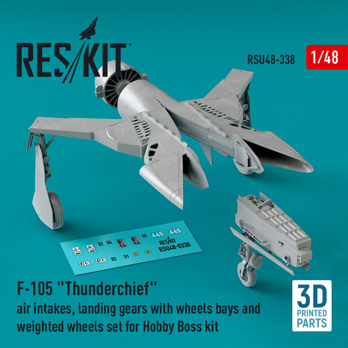 Republic F-105 Thunderchief Air Intakes, Landing Gears with Wheels Bays and weighted Wheels set for Hobby Boss kit (3D Printed) Scale 1:48 ResKit RSU48-0338 for Aircraft Model Kit