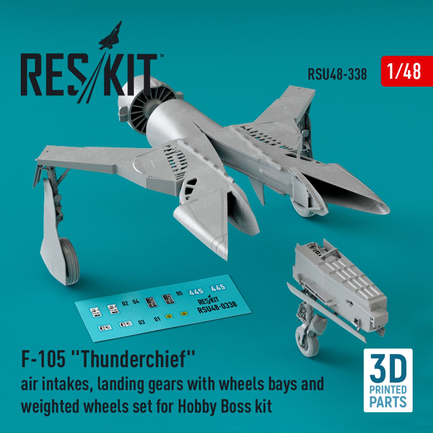 Republic F-105 Thunderchief Air Intakes, Landing Gears with Wheels Bays and weighted Wheels set for Hobby Boss kit (3D Printed) Scale 1:48 ResKit RSU48-0338 for Aircraft Model Kit