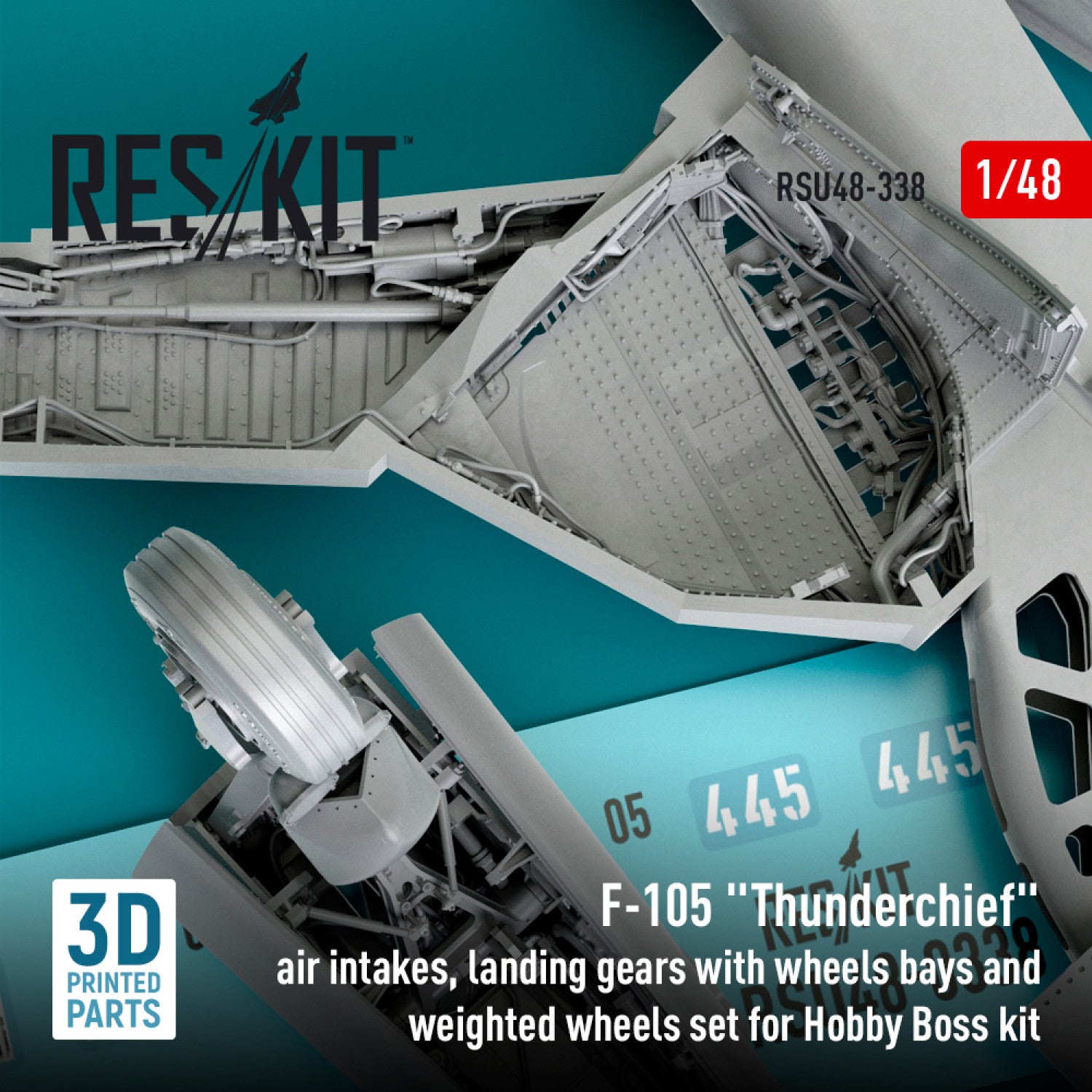 Republic F-105 Thunderchief Air Intakes, Landing Gears with Wheels Bays and weighted Wheels set for Hobby Boss kit (3D Printed) Scale 1:48 ResKit RSU48-0338 for Aircraft Model Kit