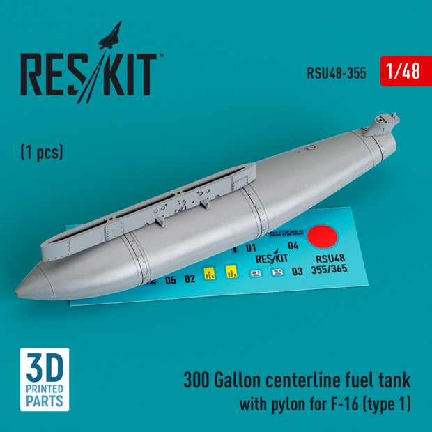 300 Gallon centerline Fuel Tank with Pylon for F-16 (type 1) (1 pcs) (3D Printed) Scale 1:48 ResKit RSU48-0355 for Aircraft Model Kit