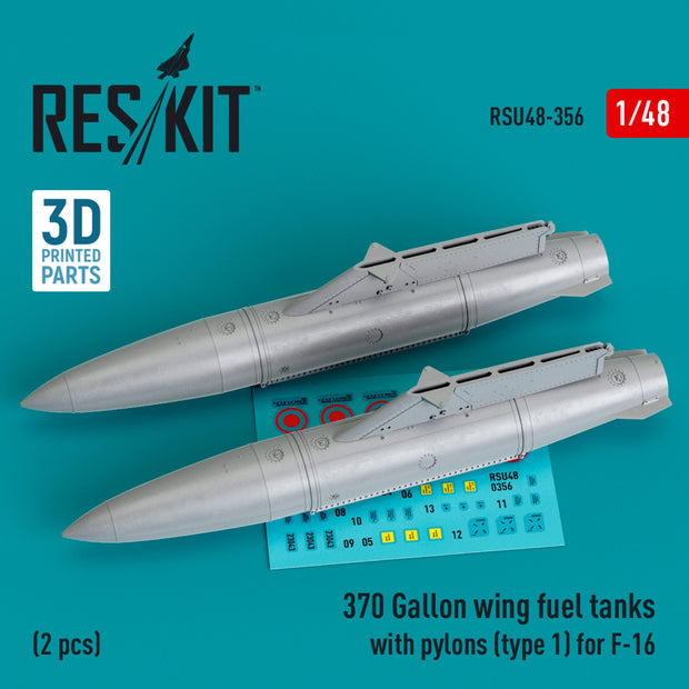 370 Gallon wing Fuel Tanks with Pylons (type 1) for F-16 (2 pcs) (3D Printed) Scale 1:48 ResKit RSU48-0356 for Aircraft Model Kit