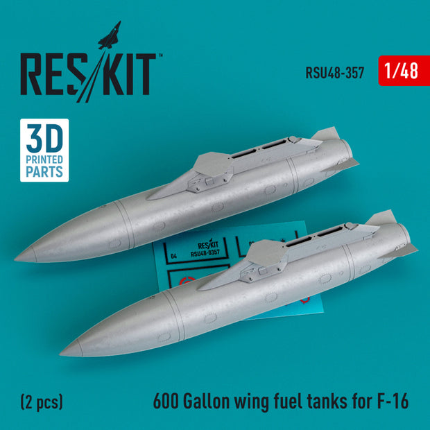 600 Gallon wing Fuel Tanks for F-16 (2 pcs) (3D Printed) Scale 1:48 ResKit RSU48-0357 for Aircraft Model Kit