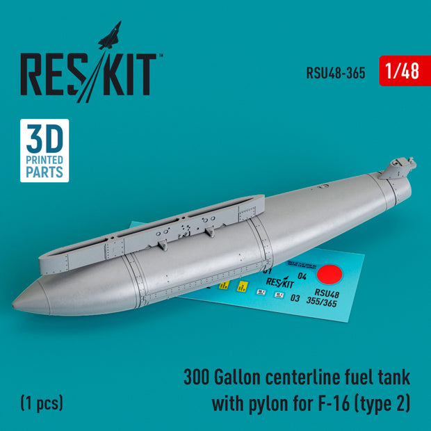 300 Gallon centerline Fuel Tank with Pylon for F-16 (type 2) (1 pcs) (3D Printed) Scale 1:48 ResKit RSU48-0365 for Aircraft Model Kit