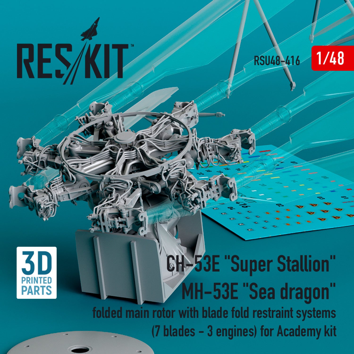 Sikorsky CH-53E Super Stallion, MH-53E Sea Dragon folded Main Rotor with blade fold restraint systems (7 blades - 3 Engines) for Academy kit (3D printed) Scale 1:48 ResKit RSU48-0416 for Helicopters Model Kit