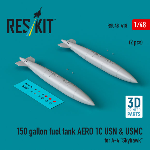 150 Gallon Fuel Tank AERO 1C USN & USMC (2 pcs) for Douglas A-4 Skyhawk (3D Printed) Scale 1:48 ResKit RSU48-0418 for Aircraft Model Kit