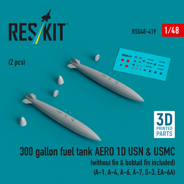300 Gallon Fuel Tank AERO 1D USN & USMC (without fin & bobtail fin included) (2 pcs) (A-1, A-4, A-6, A-7, S-3, EA-6A) (3D Printed) Scale 1:48 ResKit RSU48-0419 for Aircraft Model Kit