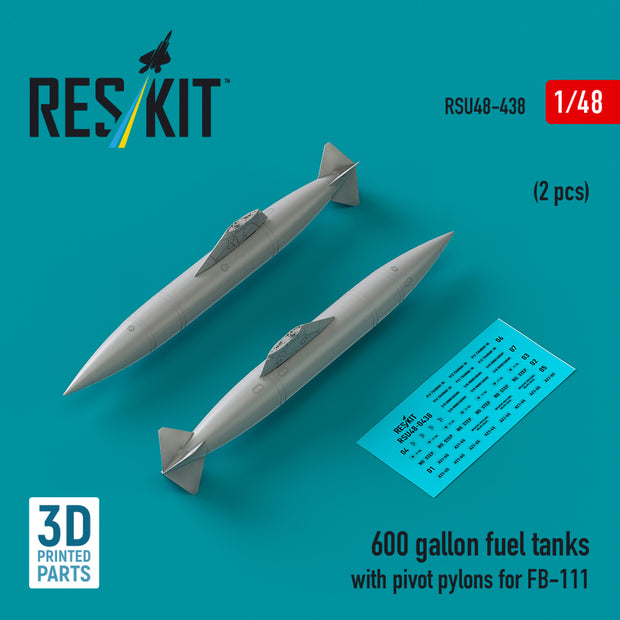 600 Gallon Fuel Tanks with Pivot Pylons for FB-111 (2 pcs) (3D Printed) Scale 1:48 ResKit RSU48-0438 for Aircraft Model Kit