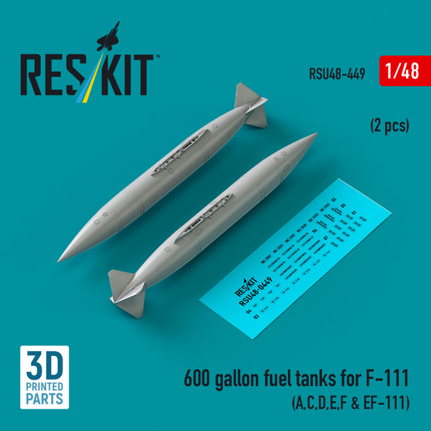 600 Gallon Fuel Tanks for F-111 (A,C,D,E,F & EF-111) (2 pcs) (3D Printed) Scale 1:48 ResKit RSU48-0449 for Aircraft Model Kit