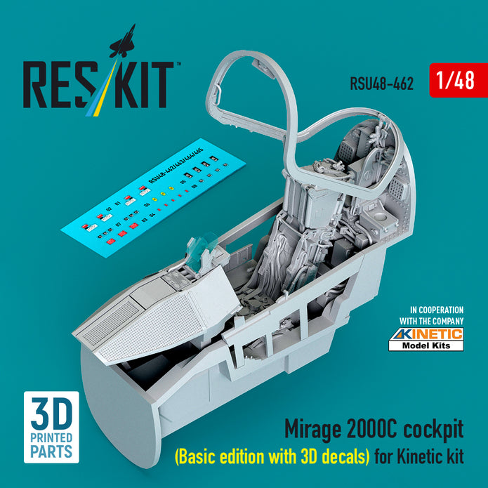 Mirage 2000C cockpit (Basic edition with 3D decals) for Kinetic kit (3D Printed) Scale 1:48 ResKit RSU48-0462