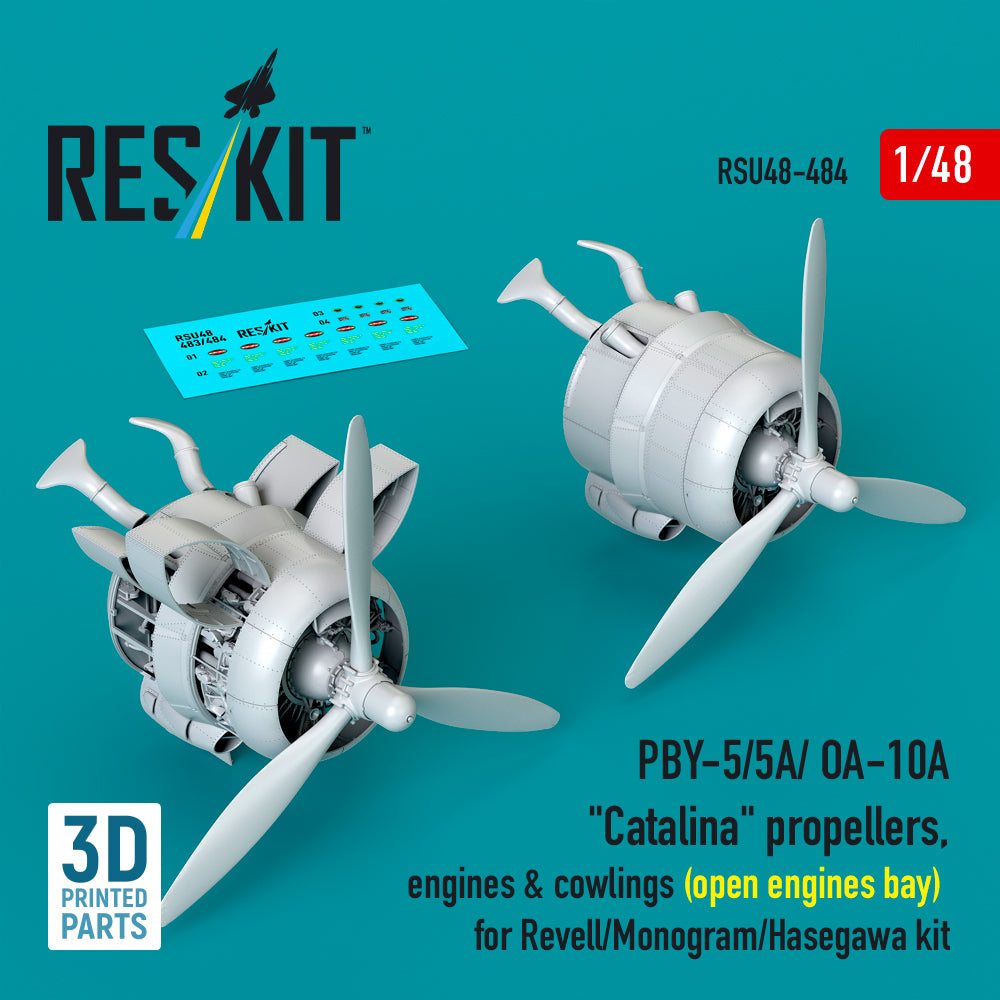 PBY-5/5A/ OA-10A Catalina propellers, engines & cowlings (open engines bay) for Revell/Monogram/Hasegawa kit (3D Printed) Scale 1:48 ResKit RSU48-0484